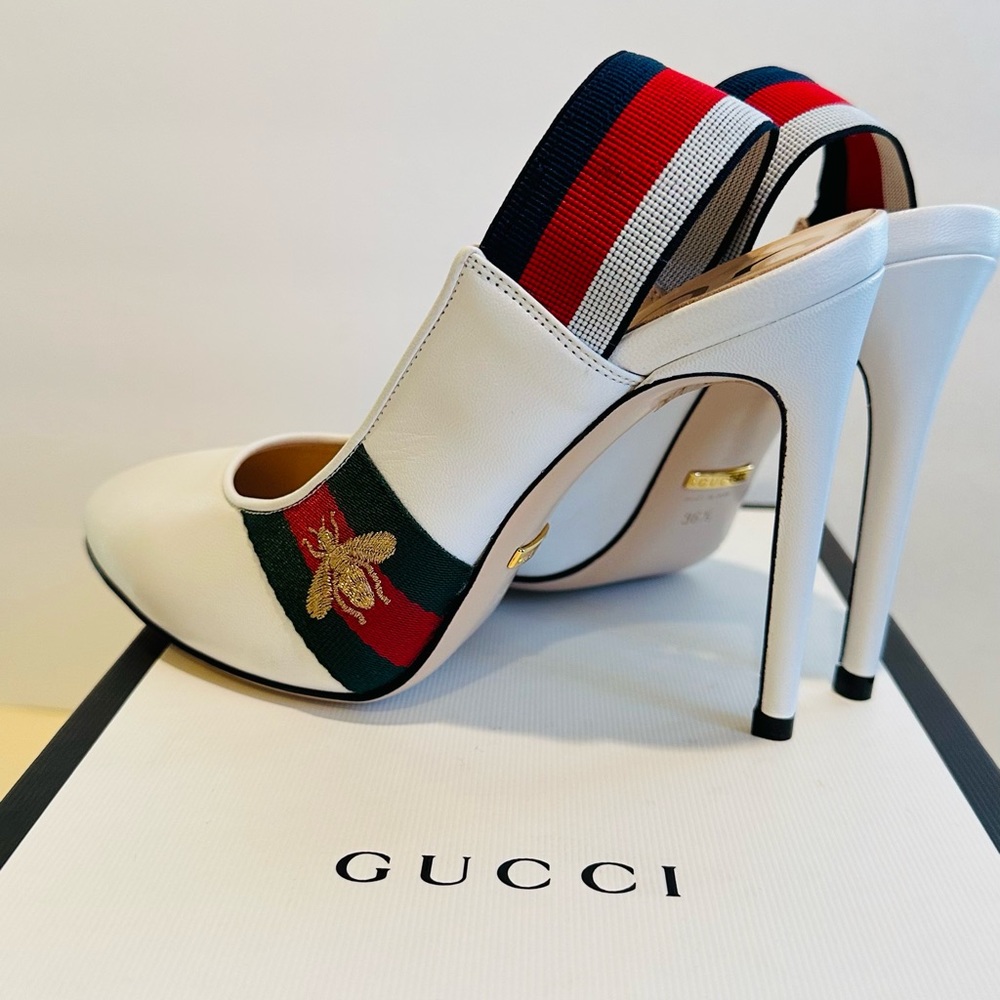 Gucci Sylvie Leather Slingback Pumps with Bee in White 36.5 - Picture 5 of 16
